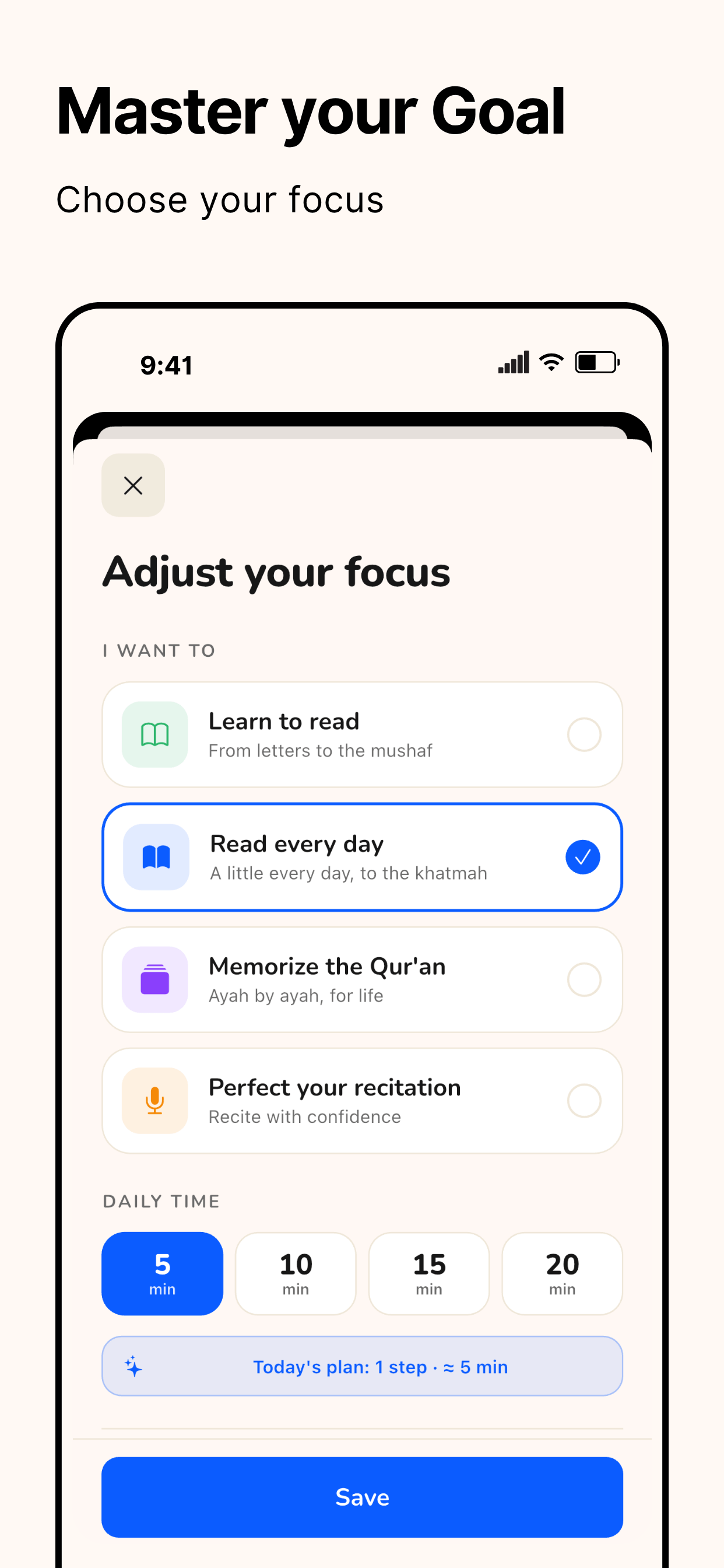 Choosing a learning goal and daily time in Qiraa