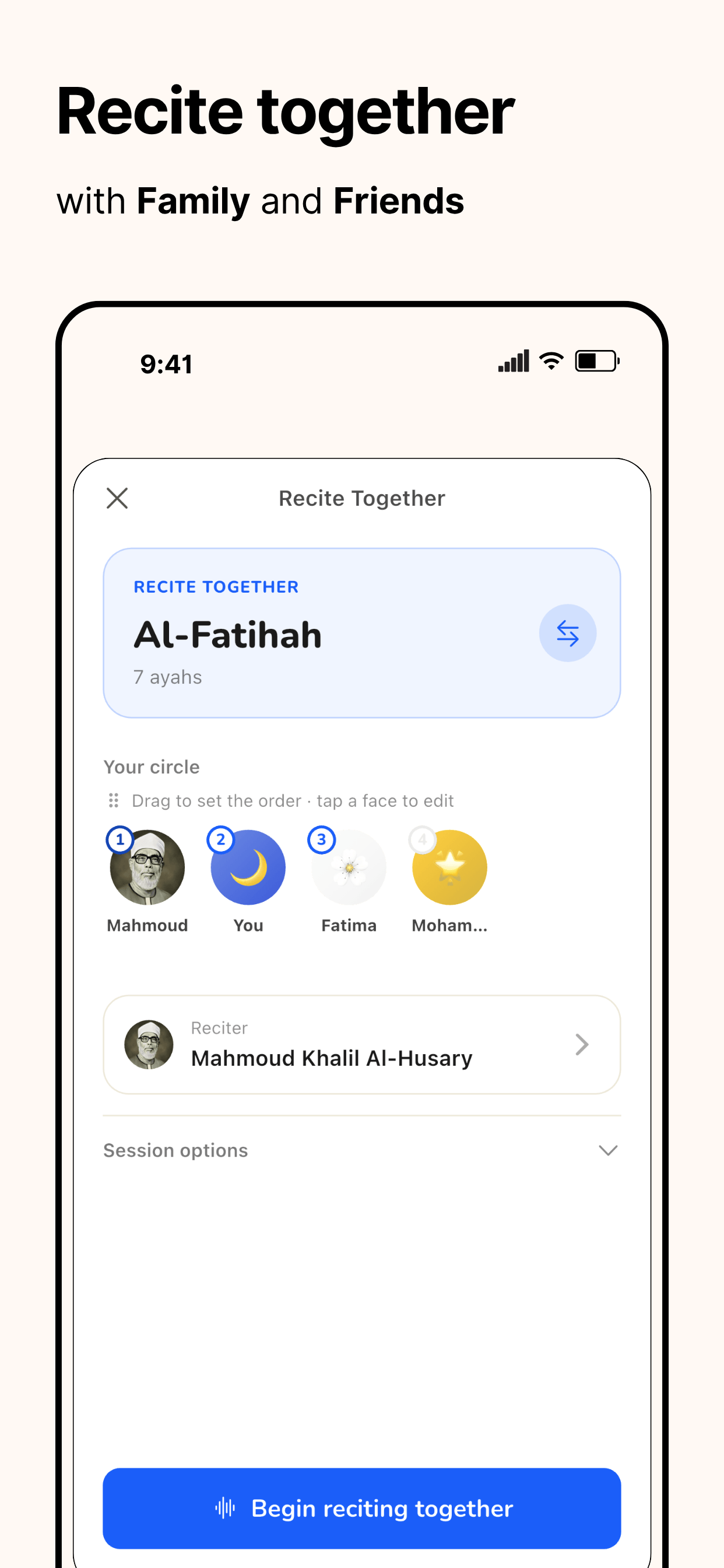 Setting up a Recite Together session in Qiraa